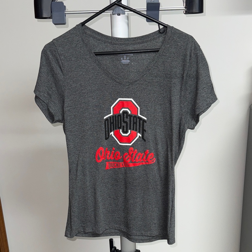 Champion Women's Charcoal V-Neck Tee with Red Ohio State Logo, Sz Medium